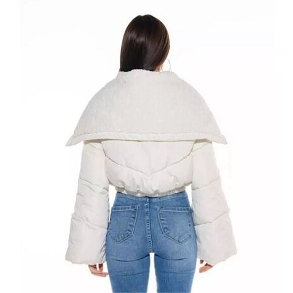 NWOT Azalea Wang Amanda Puffer Jacket size XL Ivory Cropped Sherpa Collar - Picture 2 of 12
